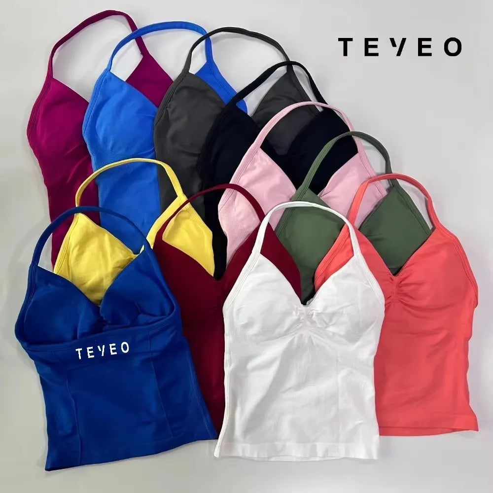 TEVEO Impact Longline Strappy Top Women's Seamless High Elastic Fitness Yoga Tank Top Gym Workout Sports Bra Activewear Tops