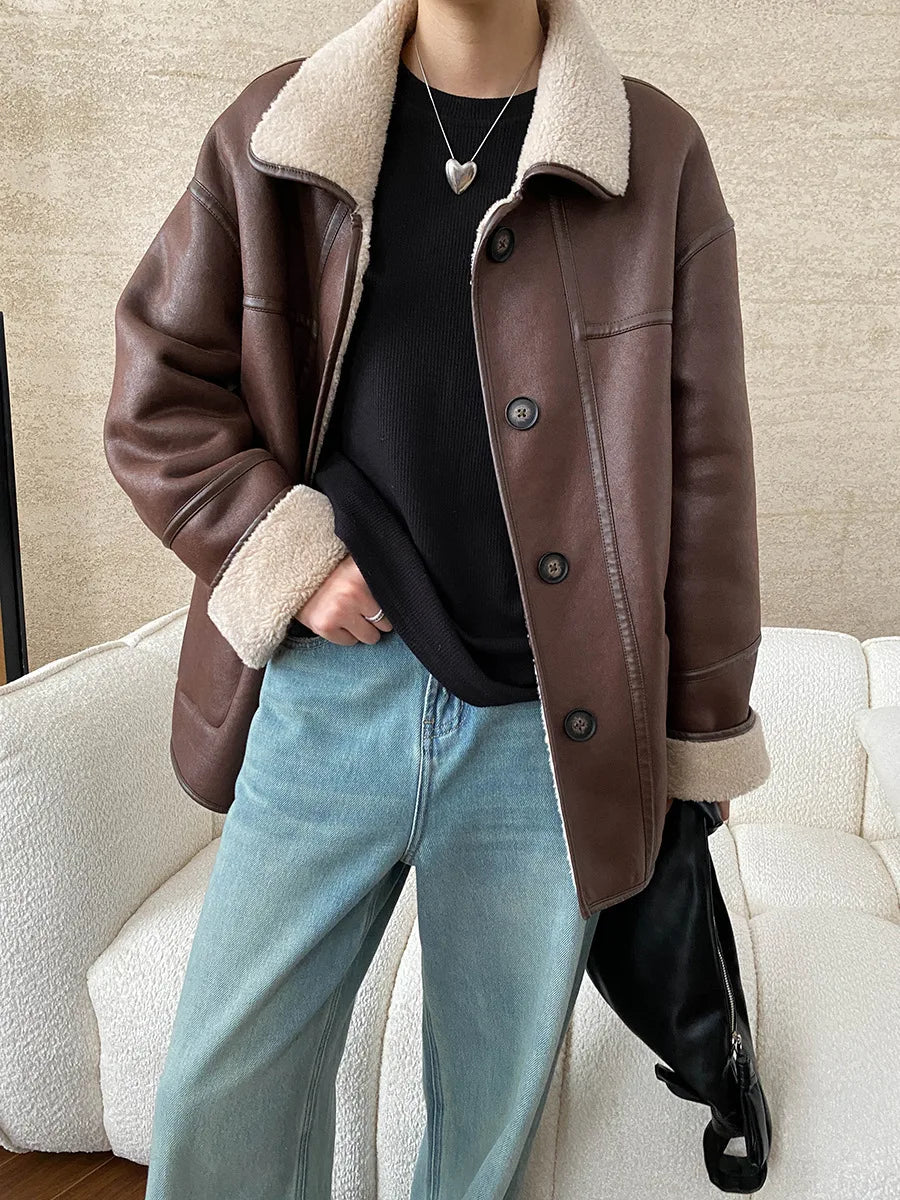 [LANMREM] Faux Fur Thick Warm Coats Lapel Single Breasted Office Lady Elegant Female Outwear Fashion 2025 Winter New 26C1095