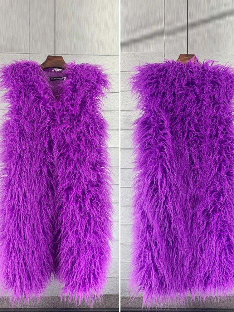 Winer Women Warm Faux Fur Plush Coats Mongolia Sheep Fur Women Long Vest Female Jacket Autumn Furry Sleeveless Outerwear 2024