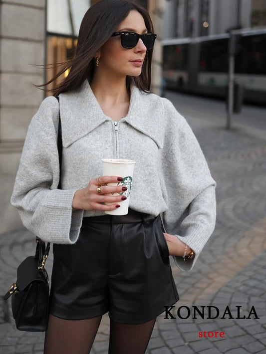 KONDALA 2024 Women's Shorts Vintage PU Leather Shorts High Waist Undefined Drapped Trousers  Female Office Wear Shorts