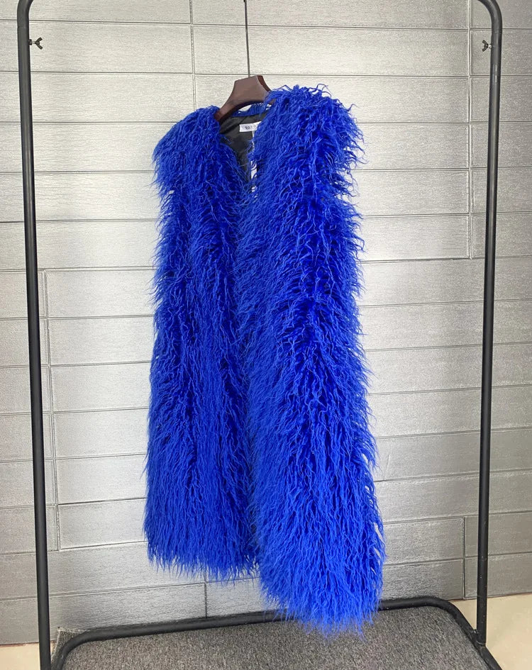 Winer Women Warm Faux Fur Plush Coats Mongolia Sheep Fur Women Long Vest Female Jacket Autumn Furry Sleeveless Outerwear 2024