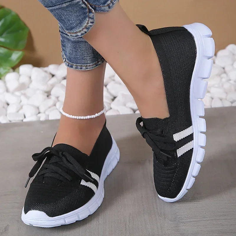 Lightweight Women Casual Shoes Mesh Breathable Casual Sneakers Woman Striped Knitted Flats Comfortable Walking Shoes Plus Size