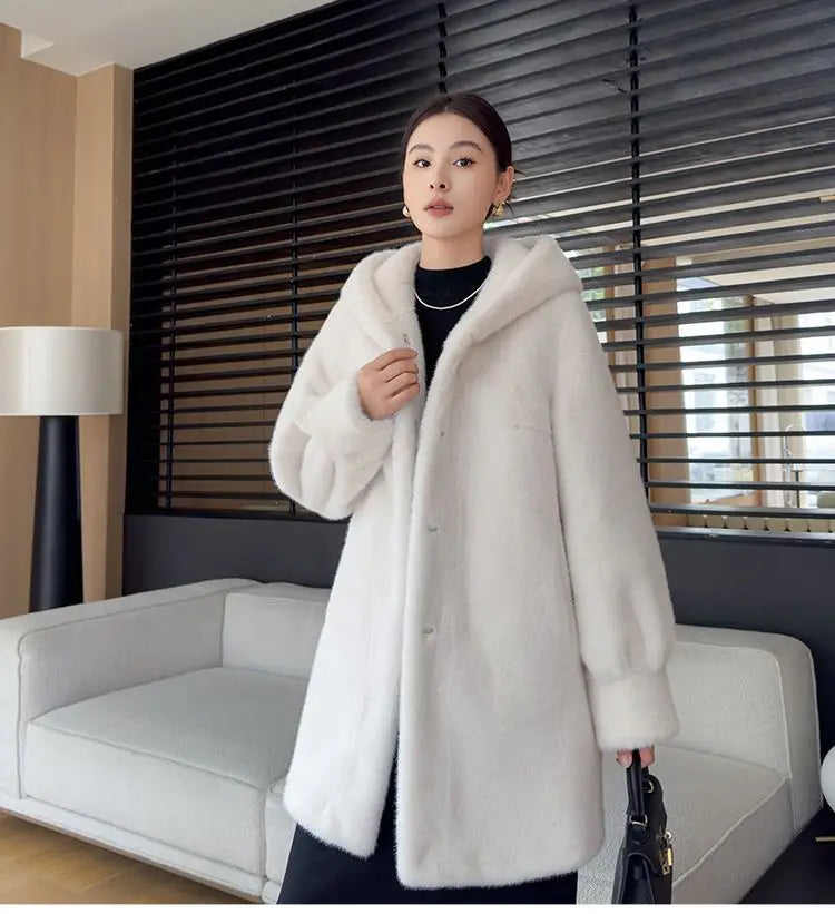Faux Mink Fur Coat for Women,Covered Button Jackets,Hooded Overcoat,Female Clothes,Thicken Warm,Winter,New, 2025