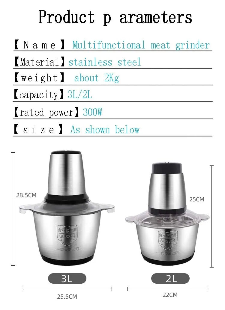 2 Speeds 30000W Stainless Steel 2L/3L Capacity Electric Chopper Meat Grinder Mincer Food Processor Slicer