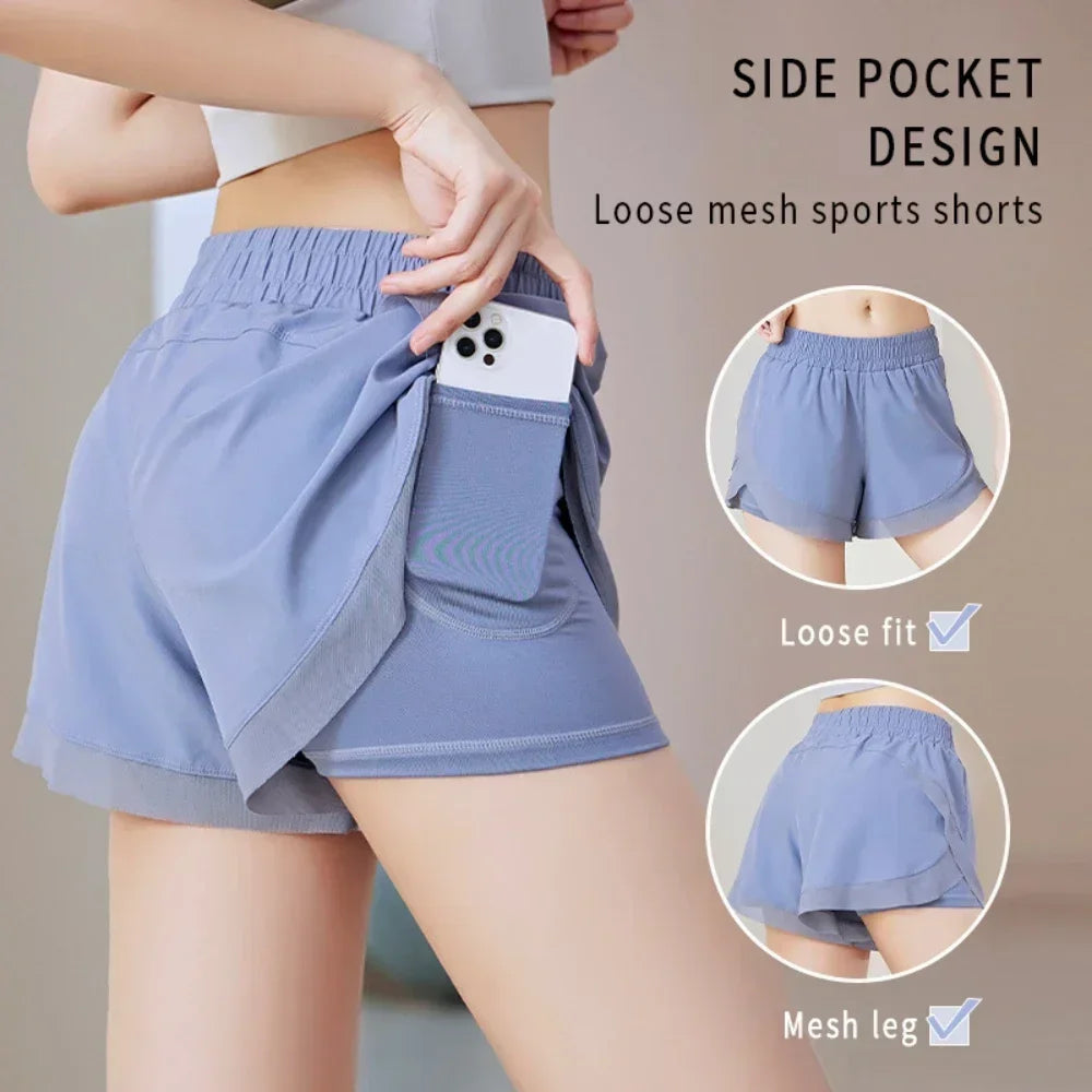 Fake Two Pairs of Sports Shorts, Women's Summer Mesh Quick Drying Training Running and Fitness Anti Glare Loose Running Pants