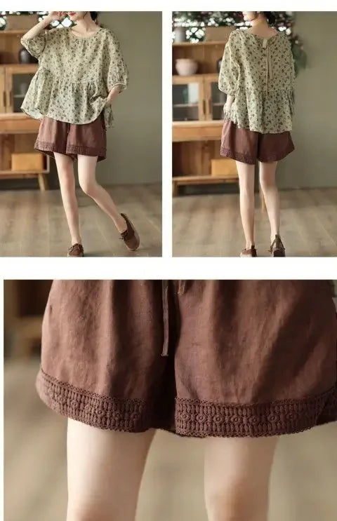 Cotton and Linen Shorts for Women Wearing Thin Mother Cotton and Linen Pants for Women Large Size Casual Linen Wide-leg Pants