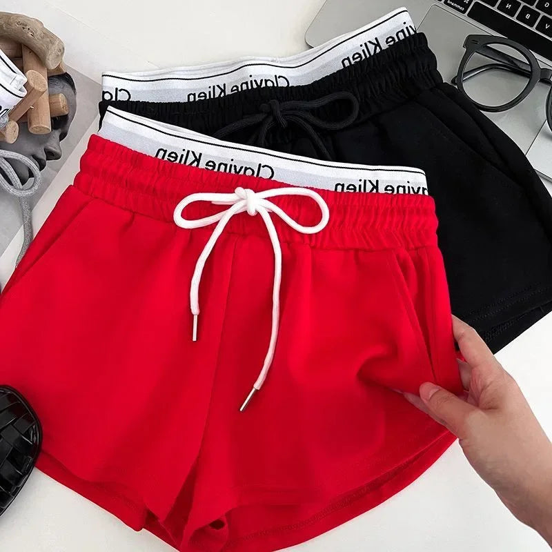 High Waist Drawstring Elastic Shorts Casual Sports Hot Pants Women's Summer New Letter Print Slimming Fake Two-Piece Pants