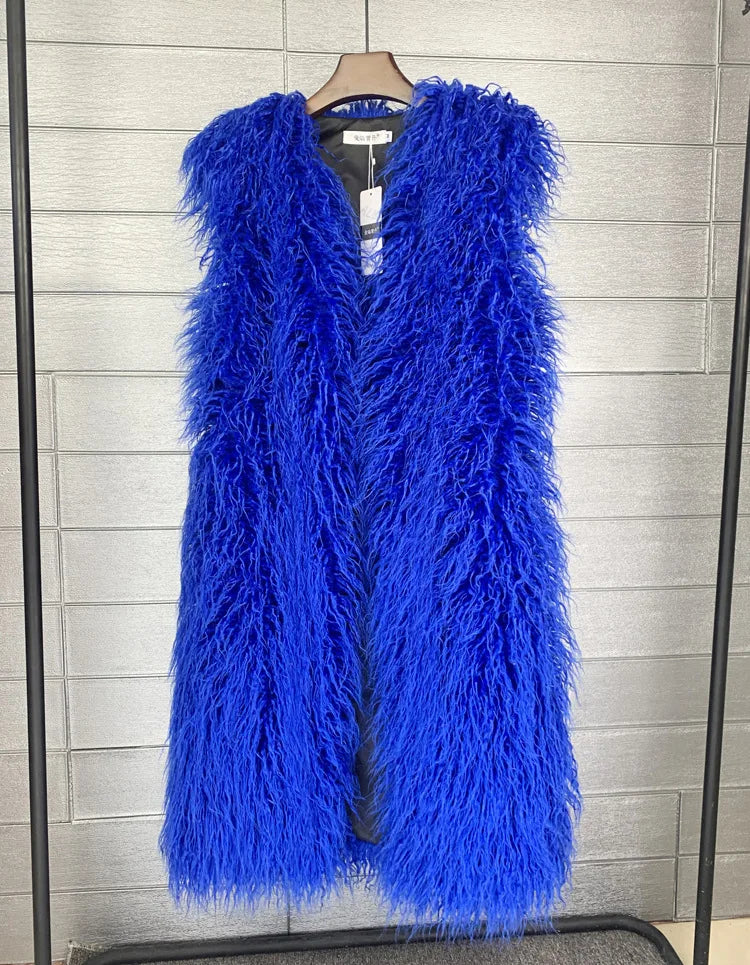 Winer Women Warm Faux Fur Plush Coats Mongolia Sheep Fur Women Long Vest Female Jacket Autumn Furry Sleeveless Outerwear 2024