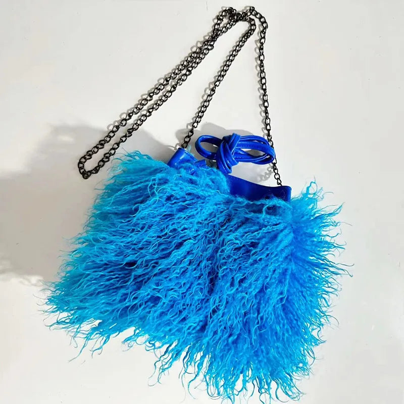Luxury Colorful Tassels Furry Drawstring Bucket Bag Women Plush Handbag Harajuku Street Punk Y2k Hot Girls Faux Fur Shoulder Bag