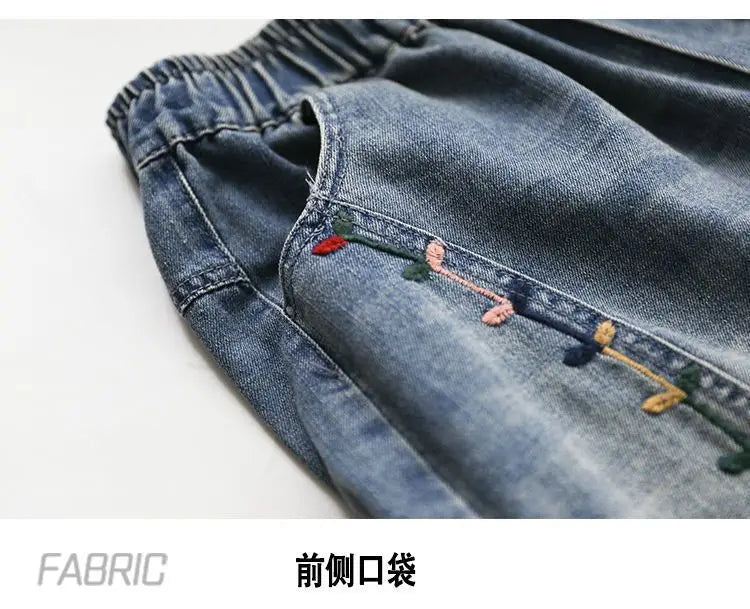 Fashion Korean High Waist Embroidery Denim Shorts for Female Summer Casual Pockets Spliced Loose Wide Leg Pants Women's Clothing