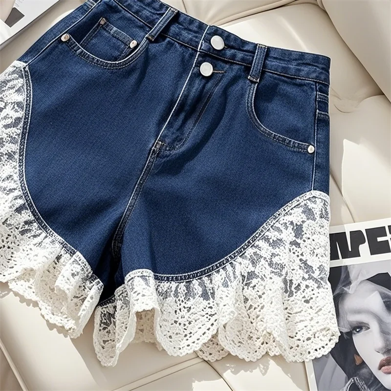 Limiguyue Summer High Waist JeansShort Double Pockets Lace Patchwork Denim Trousers Women Loose Wide Leg Cowboy Shorts New 304A
