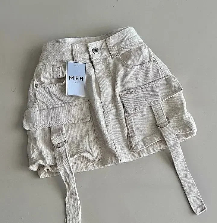 Y2K Short Skirt Fashion Gothic Cargo Baggy Denim Shorts Retro Blue Multi Pocket Denim Shorts Womens High Waist Slim Mini Skirt