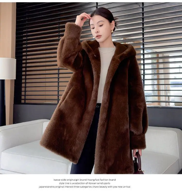 Faux Mink Fur Coat for Women,Covered Button Jackets,Hooded Overcoat,Female Clothes,Thicken Warm,Winter,New, 2025