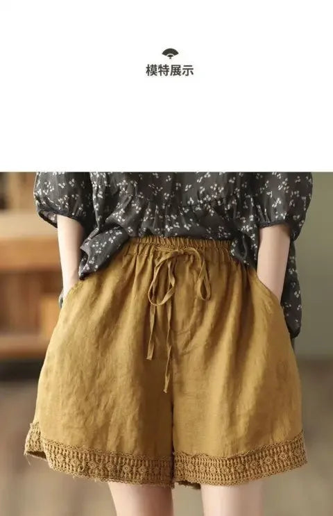 Cotton and Linen Shorts for Women Wearing Thin Mother Cotton and Linen Pants for Women Large Size Casual Linen Wide-leg Pants