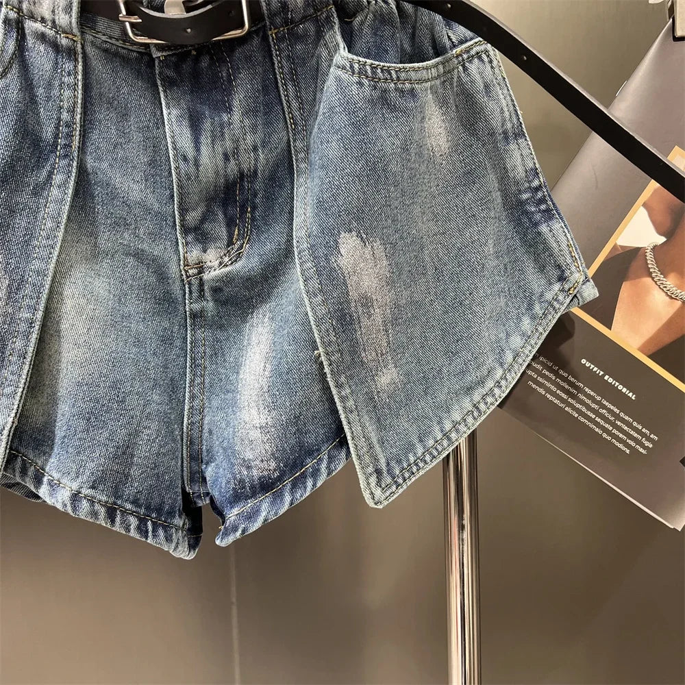 Women's Elastic Bud Denim Shorts High Waist Pocket Loose Wide Leg Jeans Pants Streetwear Casual Summer Fashion Short Pants