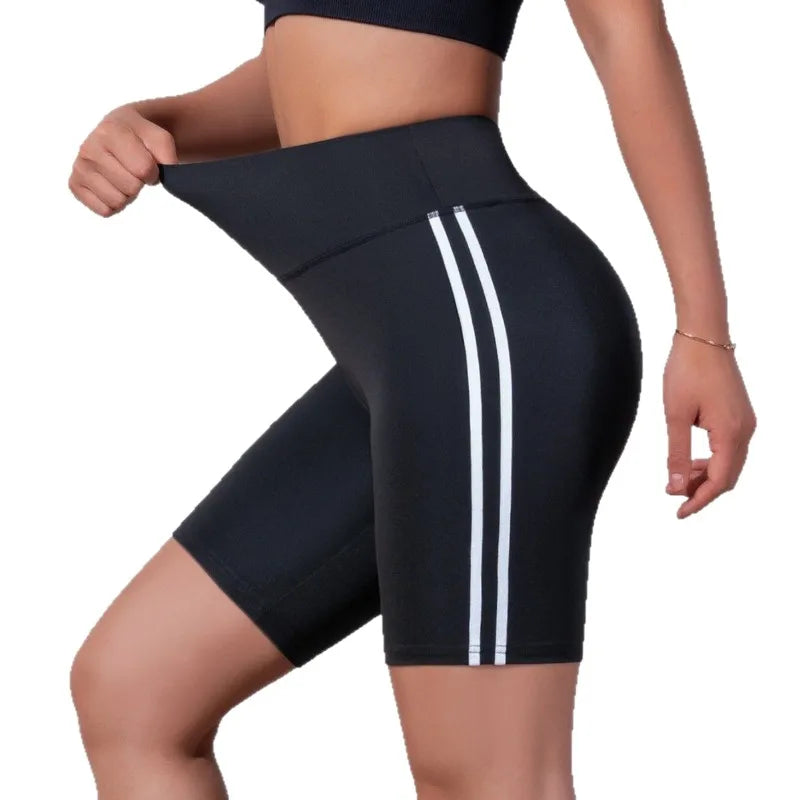 Summer High Waist Shorts Women Sports Striped Shorts Butt Liftting Skinny Leggings Gym Running Cycling Breathable Yoga Shorts