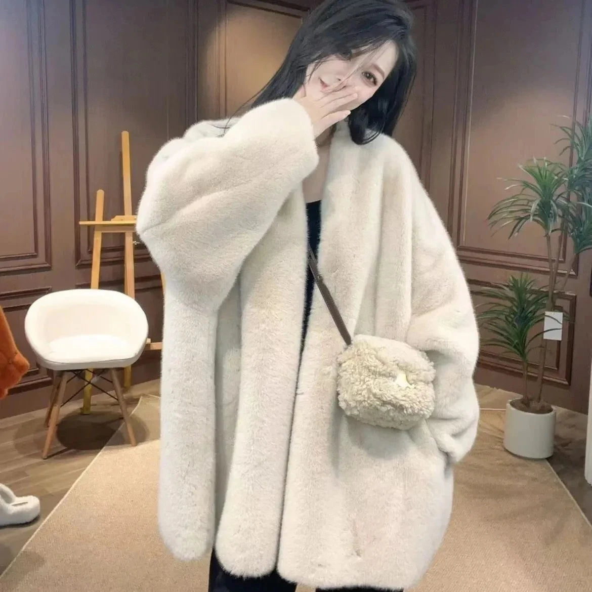 Faux Mink Fur Coat for Women, Open Stitch Jacket,V-Neck Outwear,Thick Furry,Autumn and Winter,New,2024