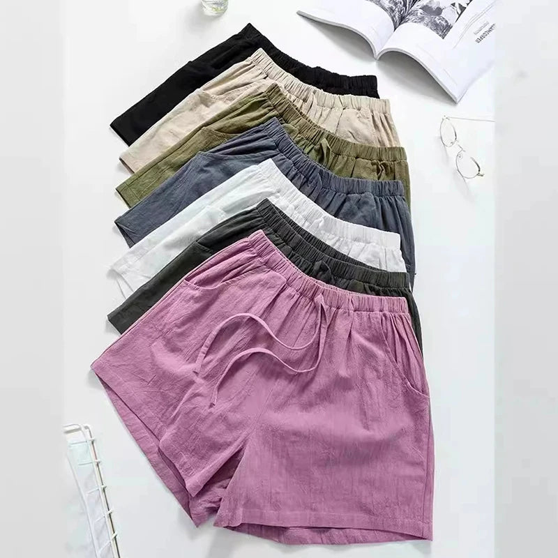 Women Solid Color Shorts High Waist Cotton And Linen Shorts Linen Slimming Loose Hot Pants Light Casual Elastic Waist Pants