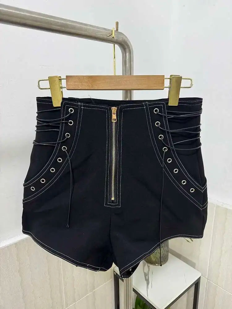 DEAT Women's Fashion High Waist Zipper Design Shorts Trendy Casual A-line Side Straps Short Pants Female Spring New 11A02658