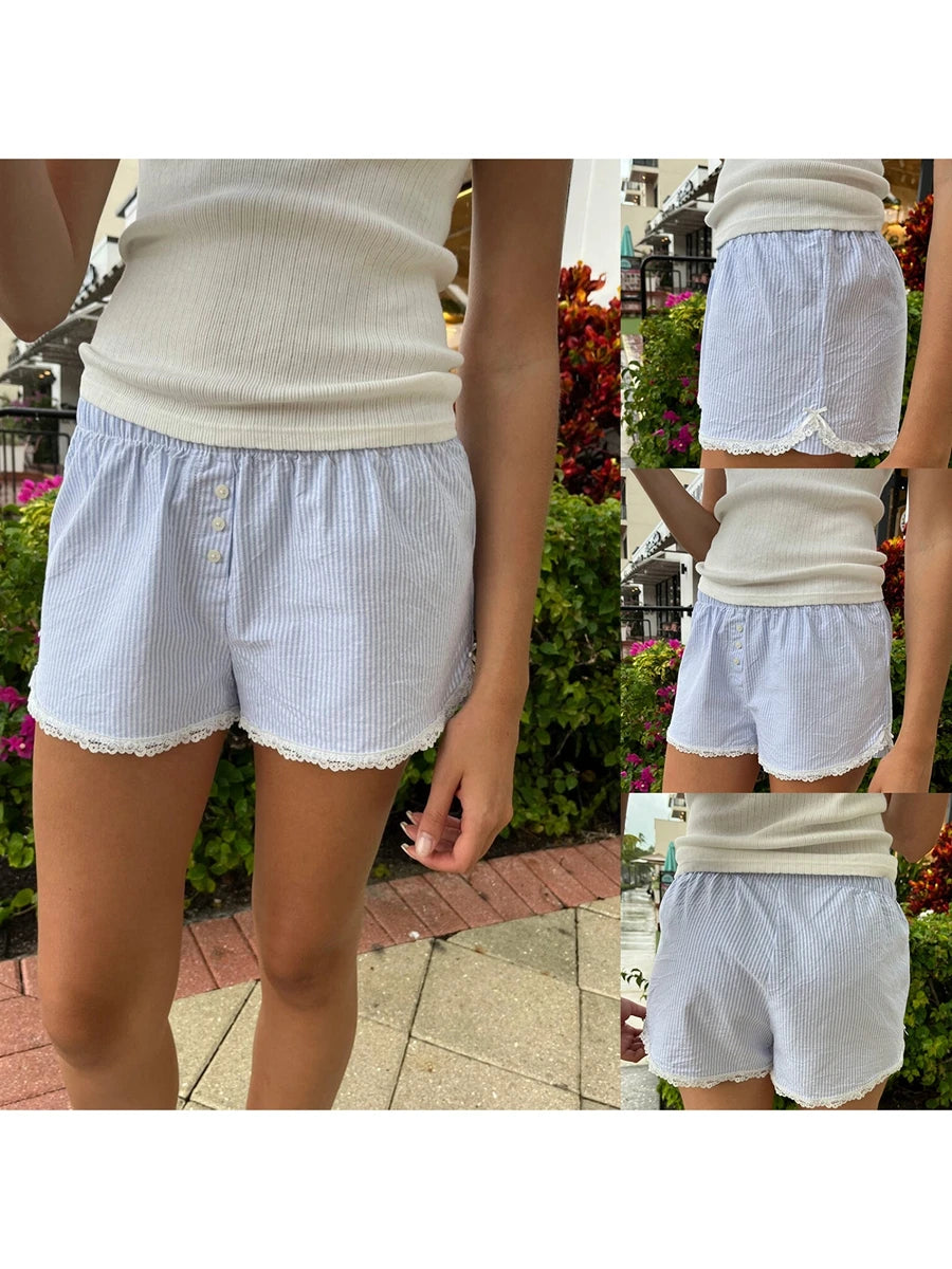 Retro Front Button Shorts Pants Y2K Kawaii Lace Trim Striped Print Lounge Pajamas Shorts Casual Elastic Waist Going Out Shorts
