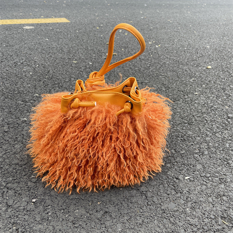 Luxury Colorful Tassels Furry Drawstring Bucket Bag Women Plush Handbag Harajuku Street Punk Y2k Hot Girls Faux Fur Shoulder Bag