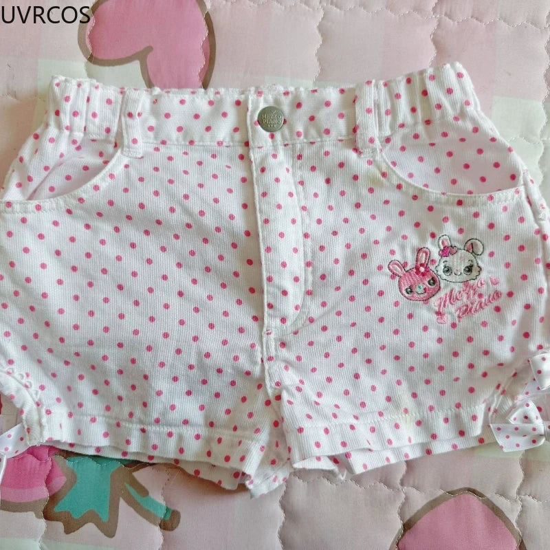 Japanese Sweet Cartoon Embroidery Lolita Shorts Women Kawai Polka Dot Print Hollow Out Bow Short Pants Y2k Aesthetic Cute Shorts