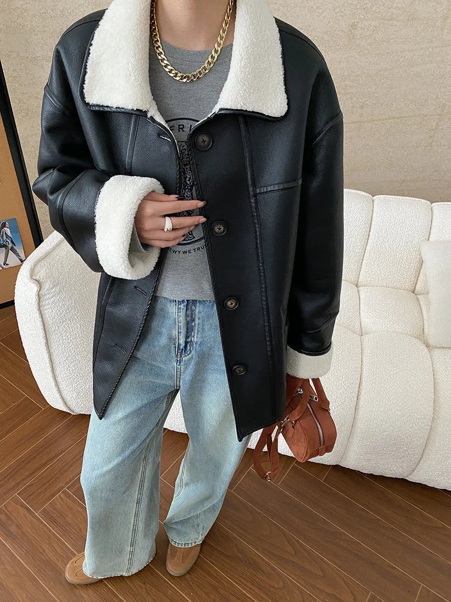 [LANMREM] Faux Fur Thick Warm Coats Lapel Single Breasted Office Lady Elegant Female Outwear Fashion 2025 Winter New 26C1095