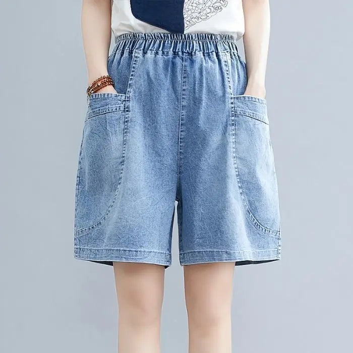Fashion Korean High Waist Embroidery Denim Shorts for Female Summer Casual Pockets Spliced Loose Wide Leg Pants Women's Clothing