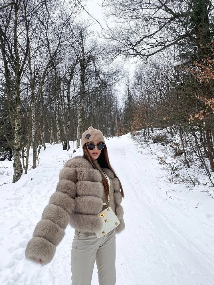 Fur Faux Jacket Women Coat Elegant Round Neck Long Sleeve Furry Female Coats 2024 Winter Fashion Lady Warm Solid Streetwears