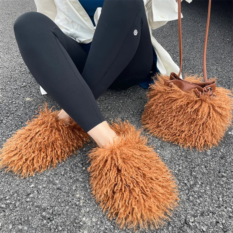 Luxury Colorful Tassels Furry Drawstring Bucket Bag Women Plush Handbag Harajuku Street Punk Y2k Hot Girls Faux Fur Shoulder Bag