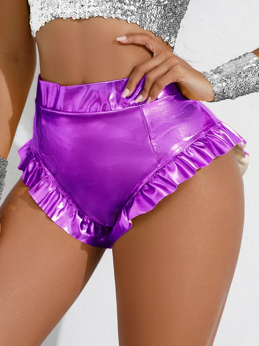 Women PU Leather Shorts Sexy Ruffle Metallic Booty Shorts High Waist Hot Pants Shiny Slim Fit Club Dance Shorts Festival Bottoms
