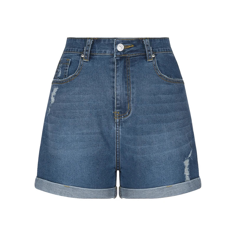 High Street Worn-Out Rolled Women Jean Shorts Summer New Straight Slimming Denim Shorts Korean Fashion Plain Female Hot Pants