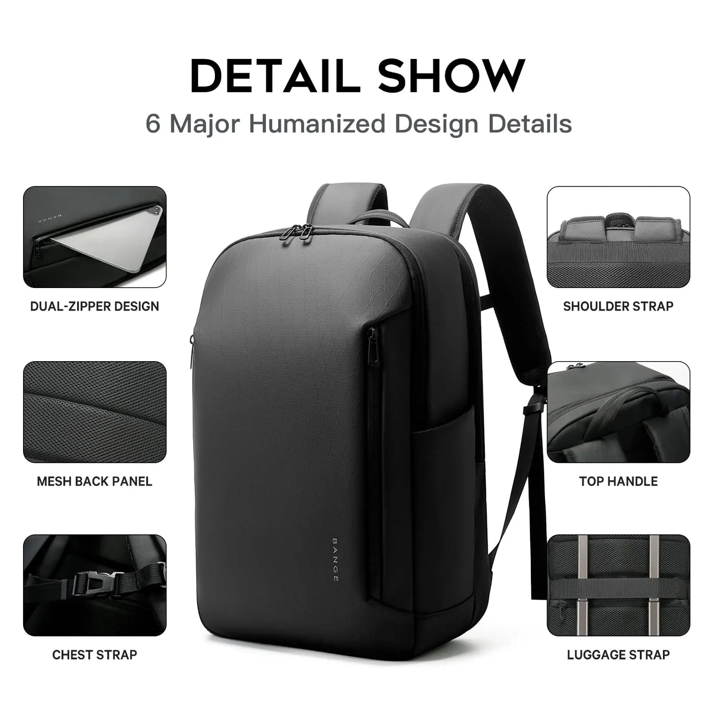 BANGE New Casual Multi-Pockets Big Capacity Daily 15.6inch Laptop Light Waterproof For Business Trip Roomy Men Backpack with YKK
