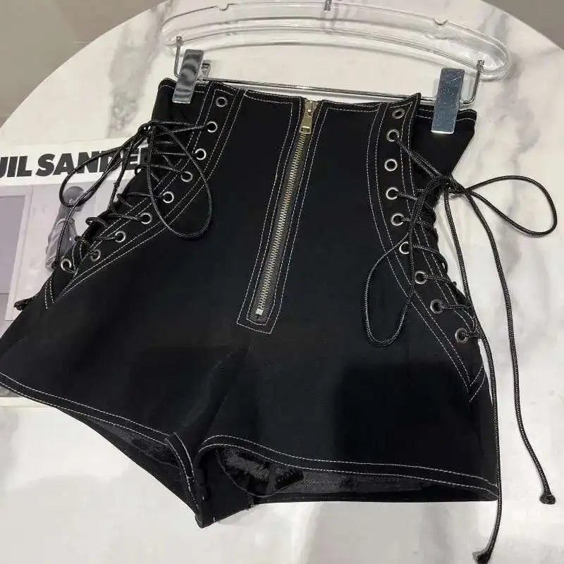 DEAT Women's Fashion High Waist Zipper Design Shorts Trendy Casual A-line Side Straps Short Pants Female Spring New 11A02658