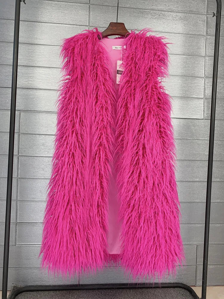 Winer Women Warm Faux Fur Plush Coats Mongolia Sheep Fur Women Long Vest Female Jacket Autumn Furry Sleeveless Outerwear 2024