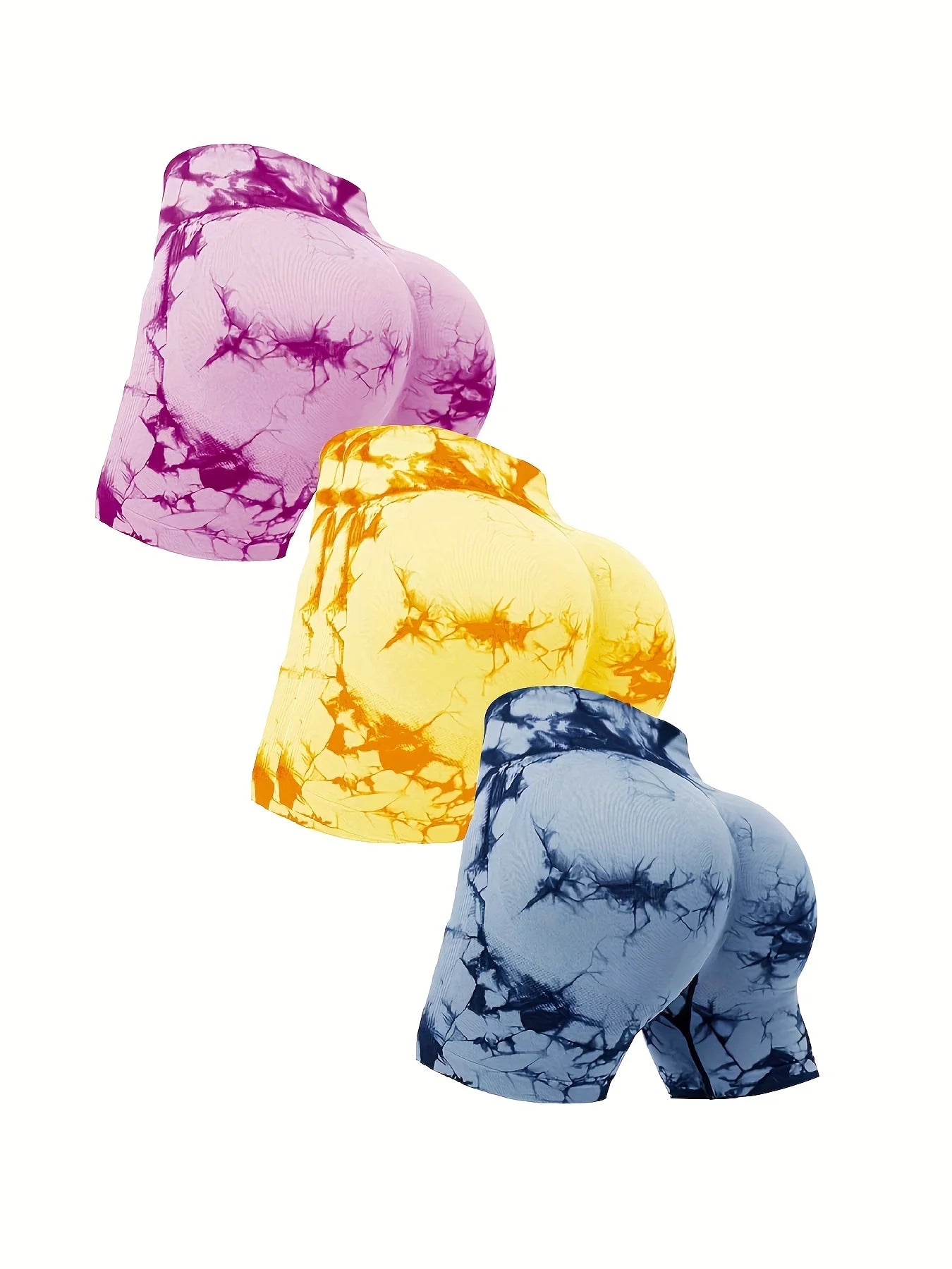 3pcs women's sports waist tightening and hip lifting fitness tie dye shorts