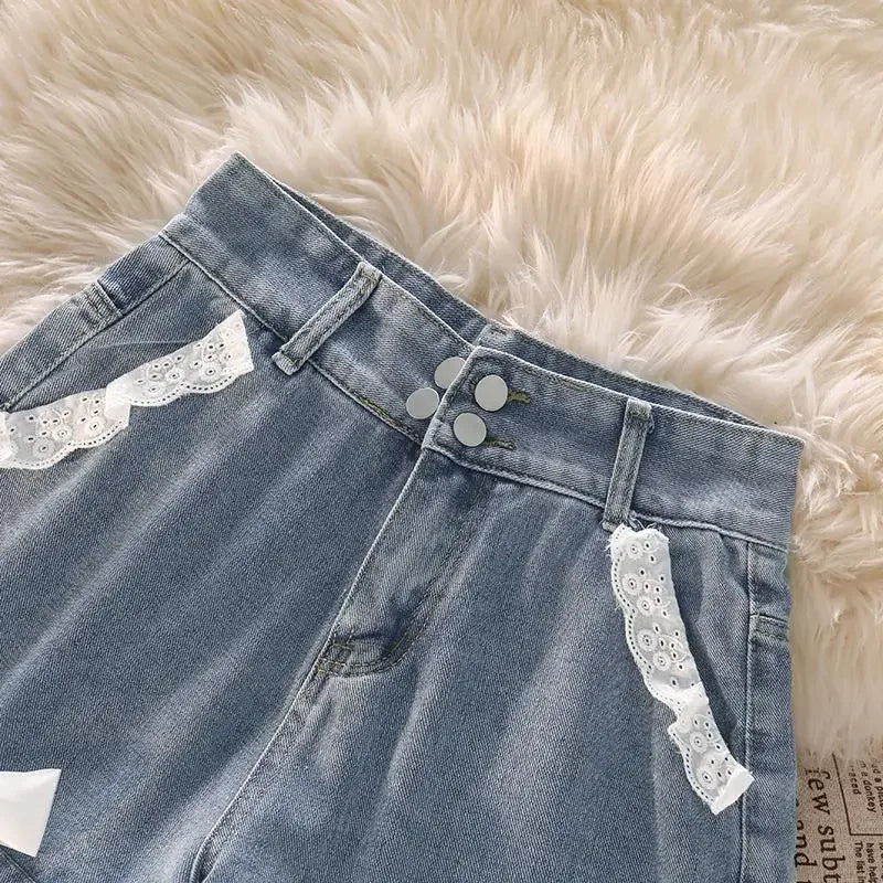 Japanese Preppy Style Bow Lace Patchwork Y2k Shorts Women Summer Straight Hotsweet High Waist Denim Short Pants Ruched