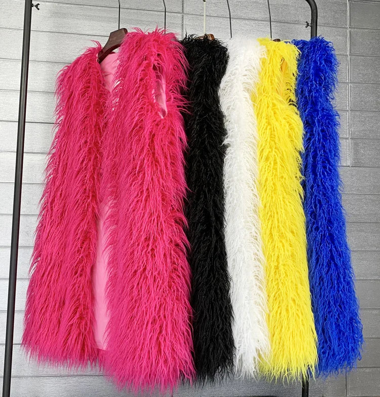 Winer Women Warm Faux Fur Plush Coats Mongolia Sheep Fur Women Long Vest Female Jacket Autumn Furry Sleeveless Outerwear 2024