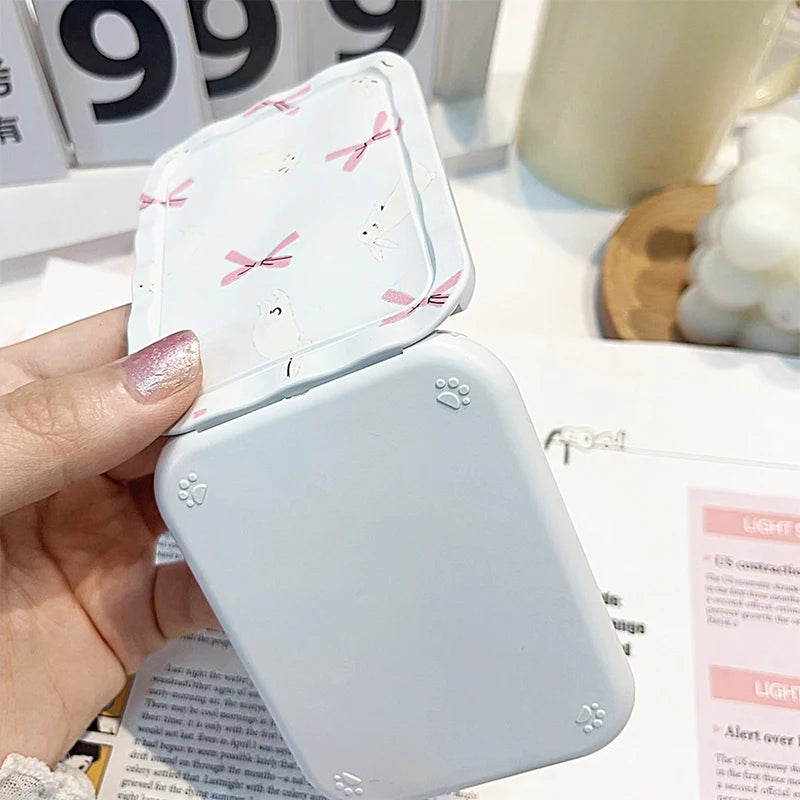 White Rabbit Bow Flip-Top Folding Makeup Mirror Portable Pocket Mirror Women Rectangle Cosmetic Make Up Mirror With Comb