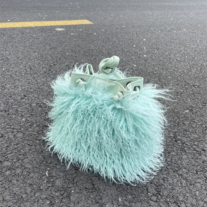 Luxury Colorful Tassels Furry Drawstring Bucket Bag Women Plush Handbag Harajuku Street Punk Y2k Hot Girls Faux Fur Shoulder Bag