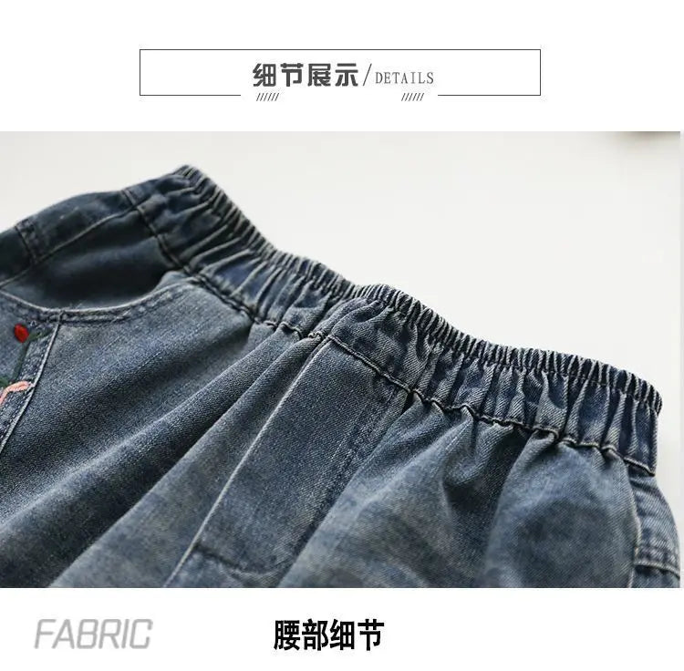 Fashion Korean High Waist Embroidery Denim Shorts for Female Summer Casual Pockets Spliced Loose Wide Leg Pants Women's Clothing