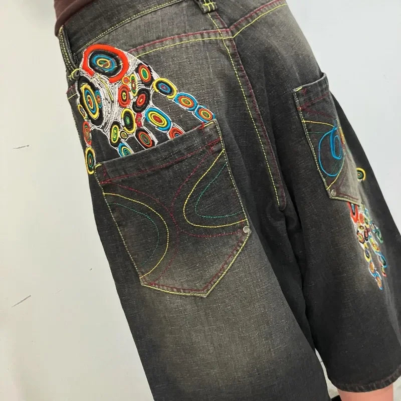 Vintage Fashion New Letter Geometric Embroidery Baggy Denim Shorts Women Y2K Gothic Hip Hop Casual High-waisted Cropped Trousers