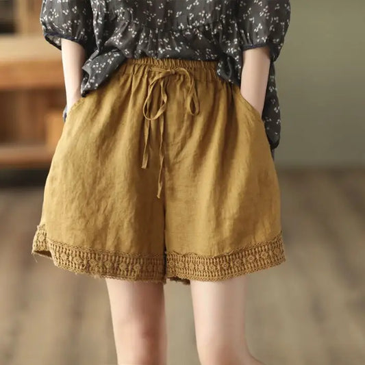 Women Summer Simplicity Loose Large Size Cotton and Linen Solid Color Quarter Shorts Ladies Casual All-match Hollow Out Shorts