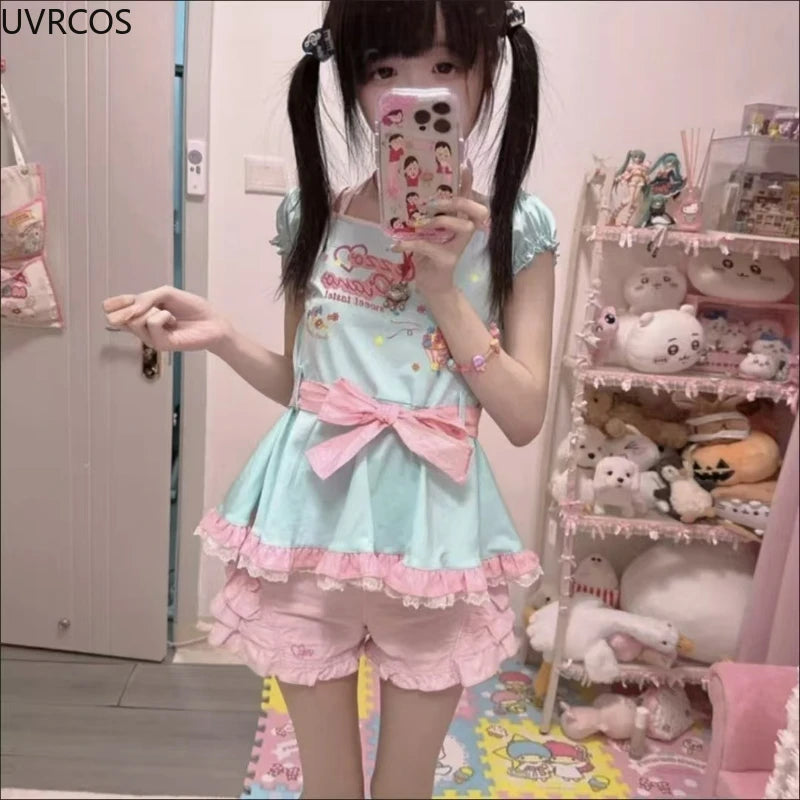 Pink Sweet Lolita Style Shorts Women Summer Kawaii Elastic Waist Ruffles Bow Short Pants Girl Japanese Y2k Aesthetic Cute Shorts