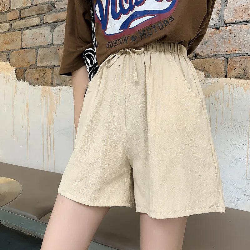 Elegant Cotton Linen Shorts Fashion Women Loose Drawstring High Waist Pocket Summer New Short Pants Casual Office Lady Trousers