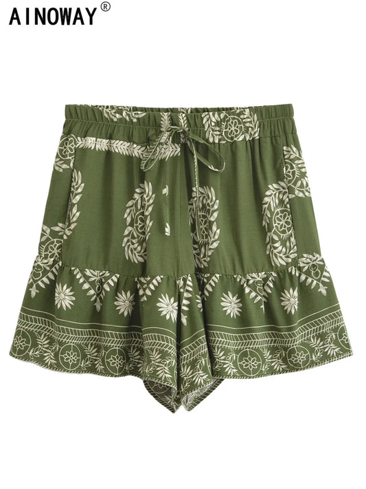 Vintage Chic Women 2025 Wild Floral Print Summer Bohemian Short Pants with Pockets Lady Beach Rayon Holiday Boho Shorts