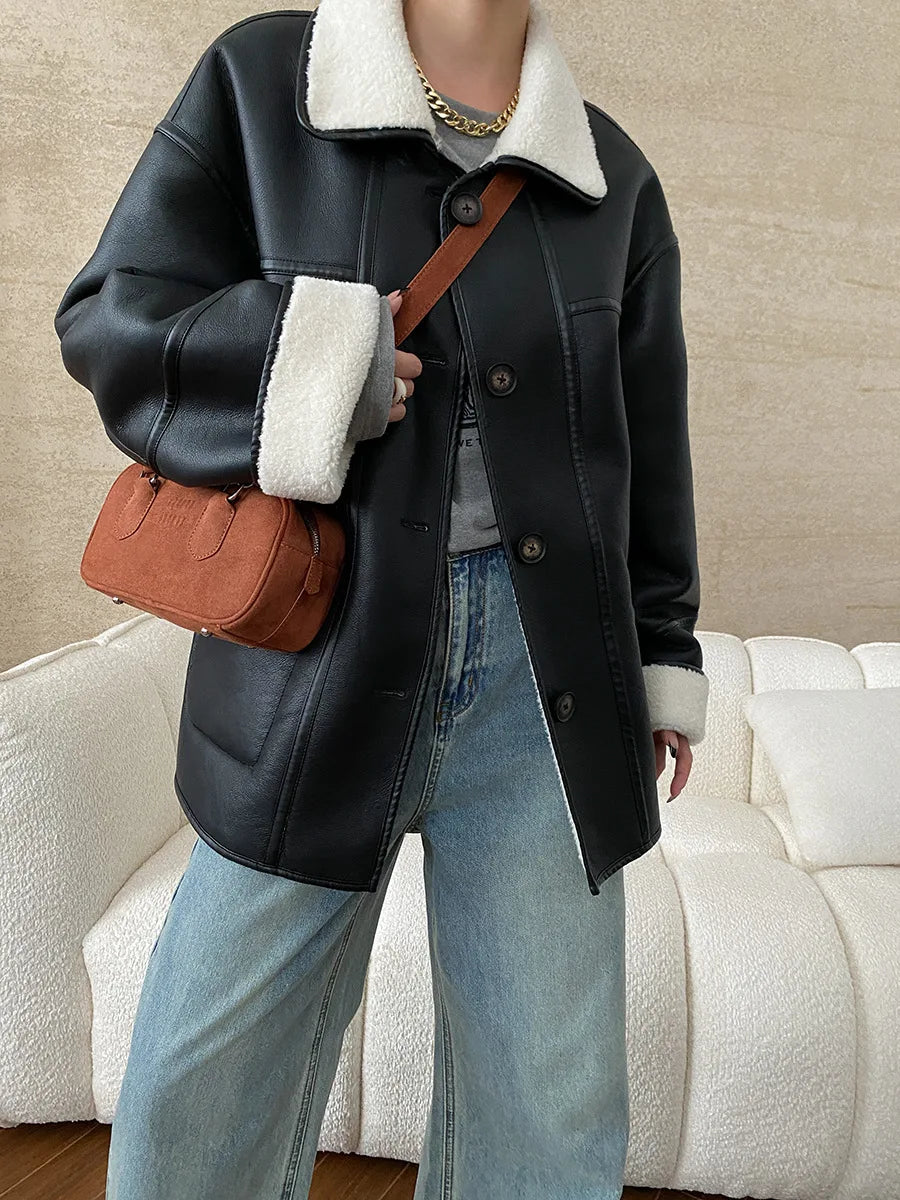 [LANMREM] Faux Fur Thick Warm Coats Lapel Single Breasted Office Lady Elegant Female Outwear Fashion 2025 Winter New 26C1095