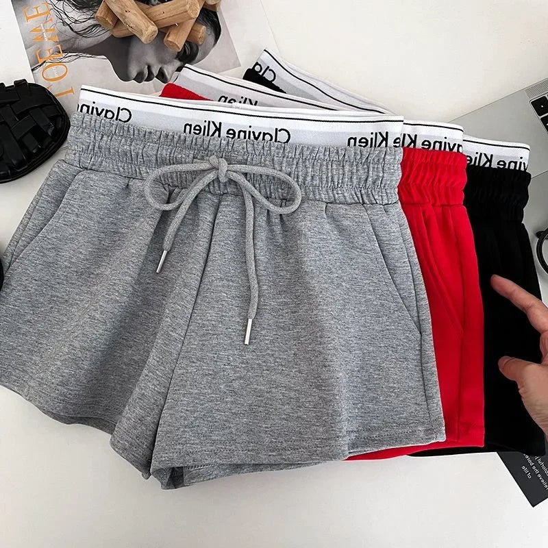 High Waist Drawstring Elastic Shorts Casual Sports Hot Pants Women's Summer New Letter Print Slimming Fake Two-Piece Pants
