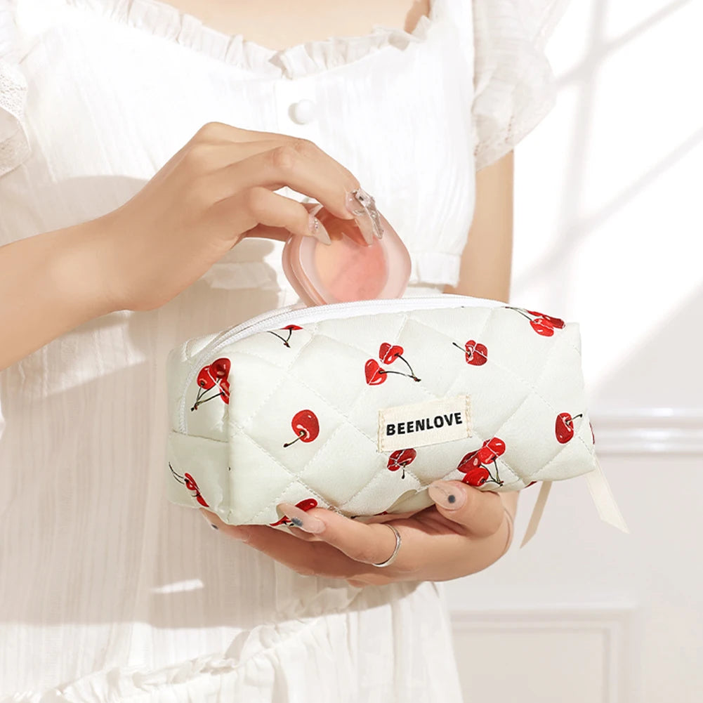 3pcs Aesthetic Cosmetic Organizer Set Quilted Cotton Sweet  Women Makeup Pouch Cherry/Heart Pattern Skincare Clutch Toiletry Bag