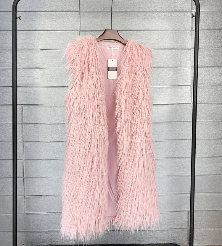 Winer Women Warm Faux Fur Plush Coats Mongolia Sheep Fur Women Long Vest Female Jacket Autumn Furry Sleeveless Outerwear 2024